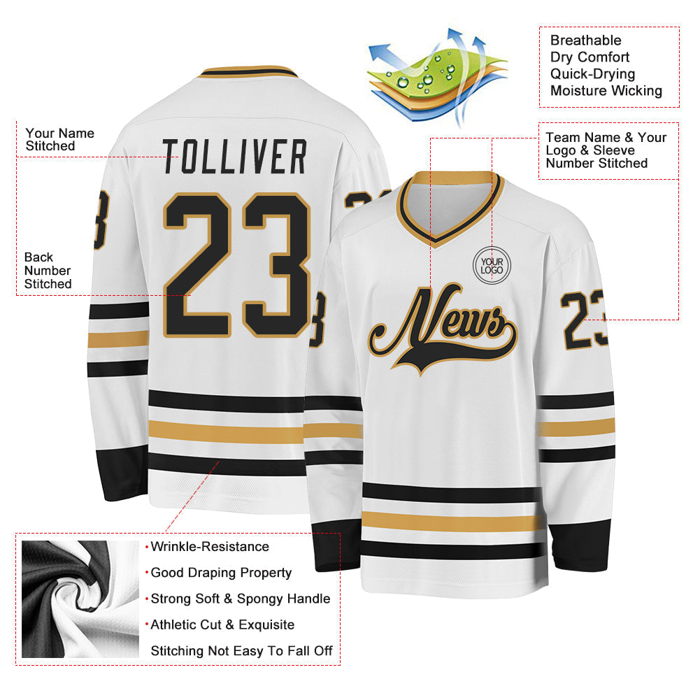 Custom White Black-Old Gold Hockey Jersey view 3