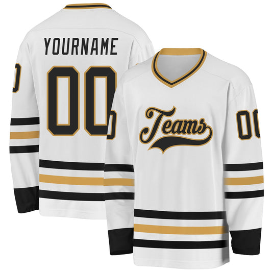 Custom White Black-Old Gold Hockey Jersey - Main View