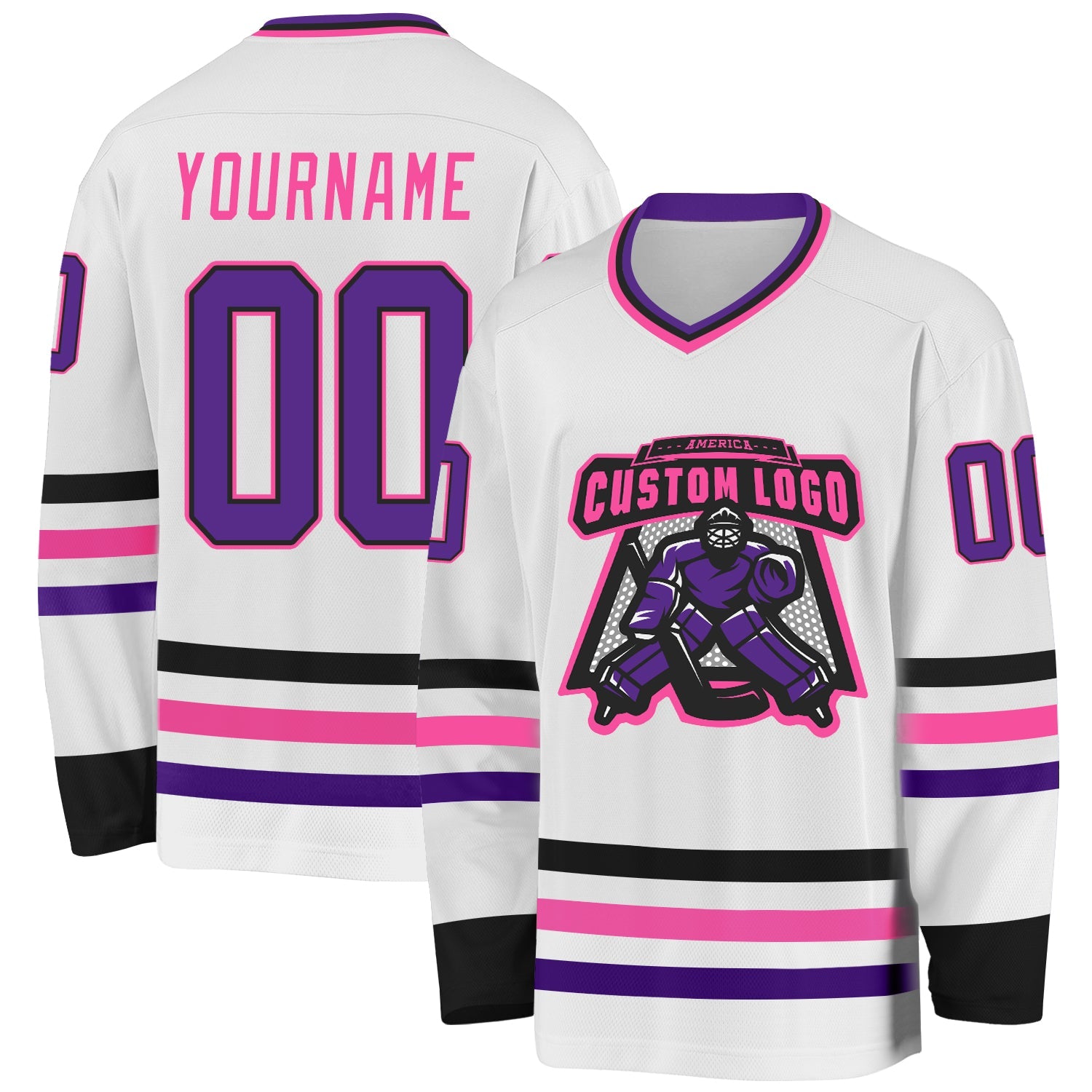 Custom White Purple Black-Pink Hockey Jersey view 2