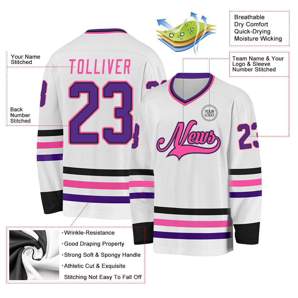 Custom White Purple Black-Pink Hockey Jersey view 3