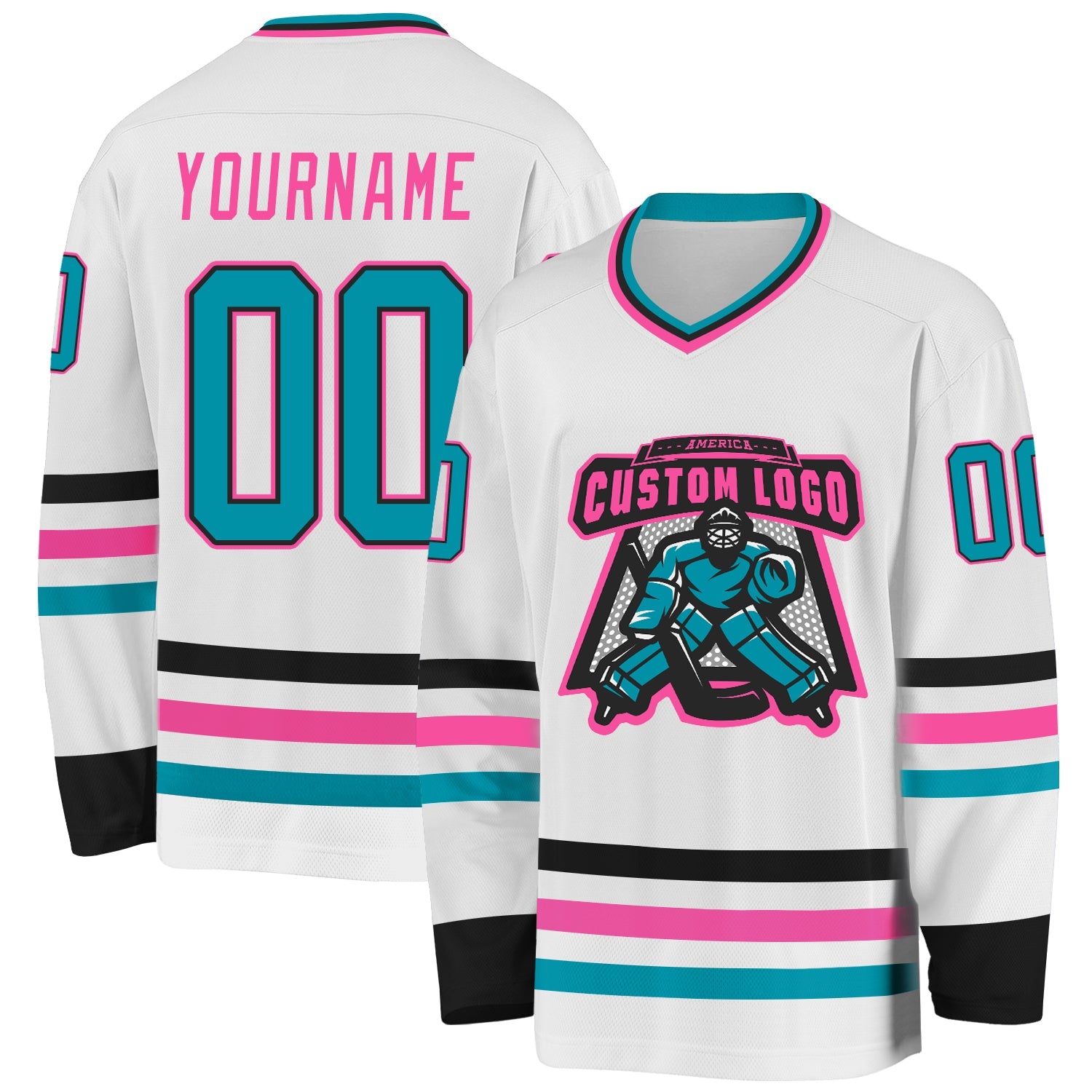 Custom White Teal Black-Pink Hockey Jersey view 2