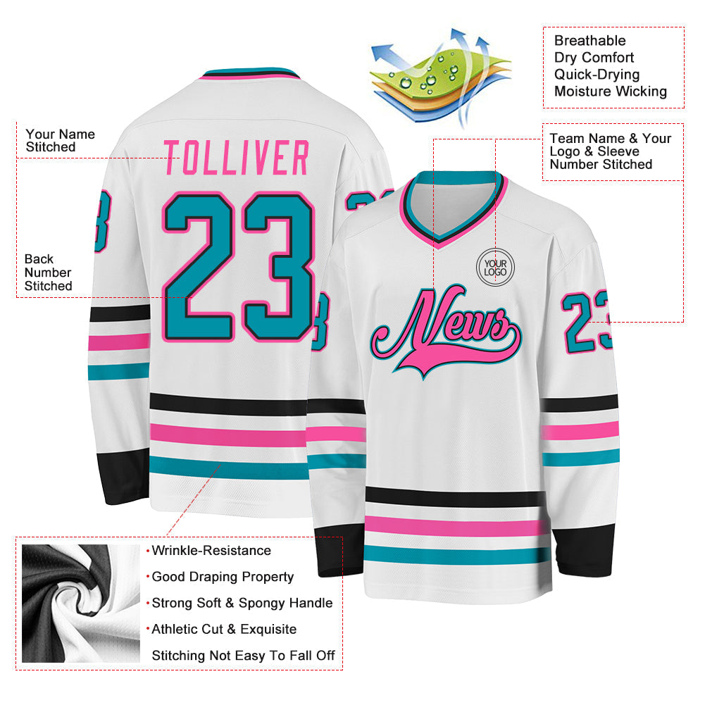 Custom White Teal Black-Pink Hockey Jersey view 3