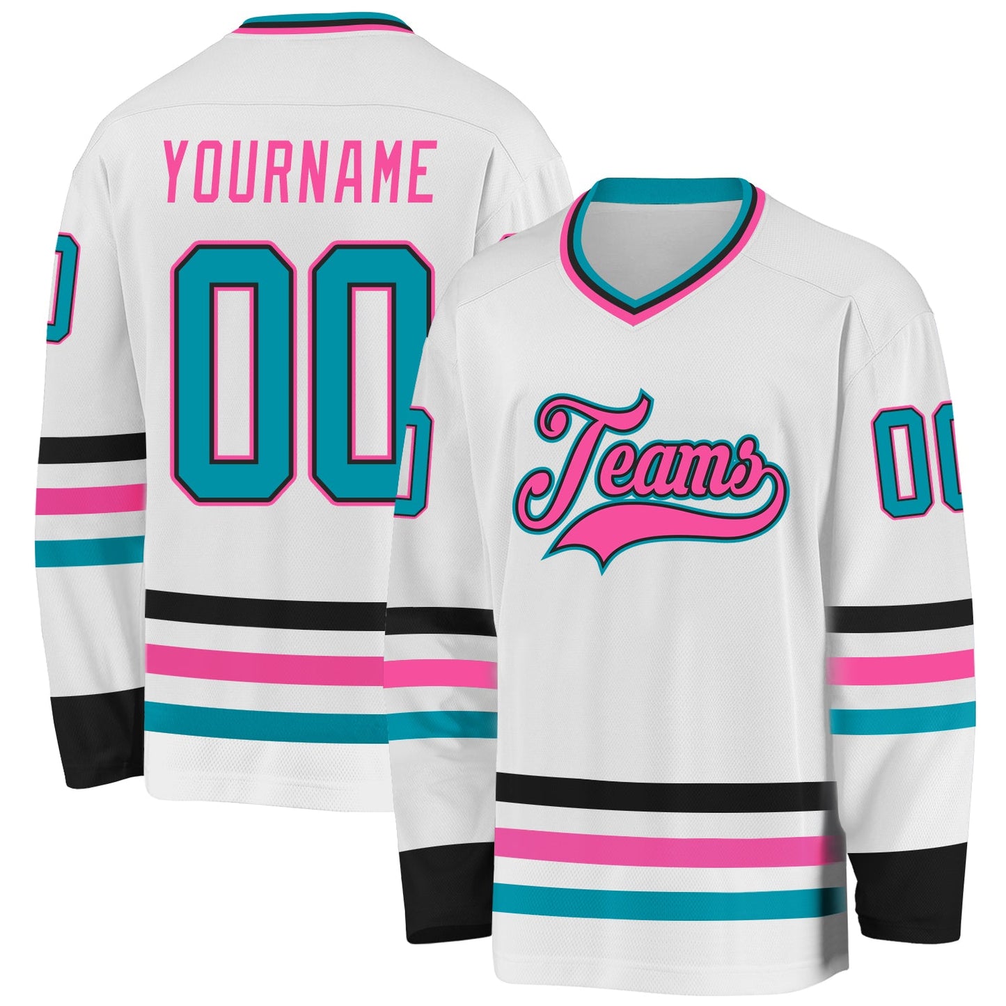 Custom White Teal Black-Pink Hockey Jersey - Main View