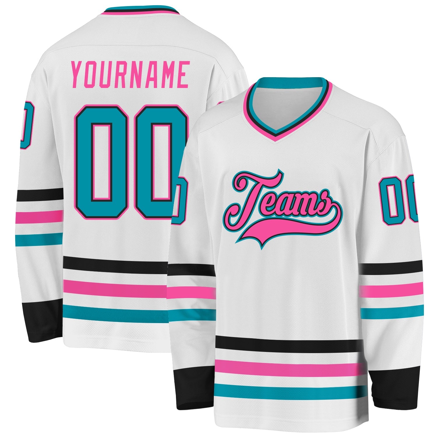 Custom White Teal Black-Pink Hockey Jersey - Main View