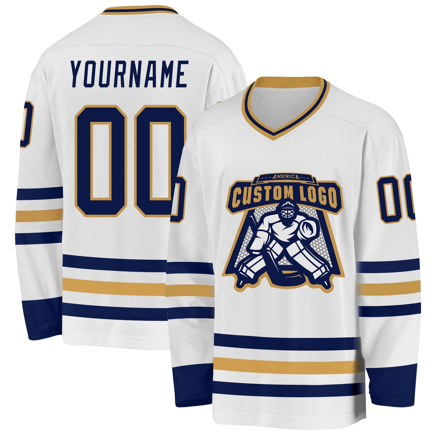 Custom White Navy-Old Gold Hockey Jersey view 2