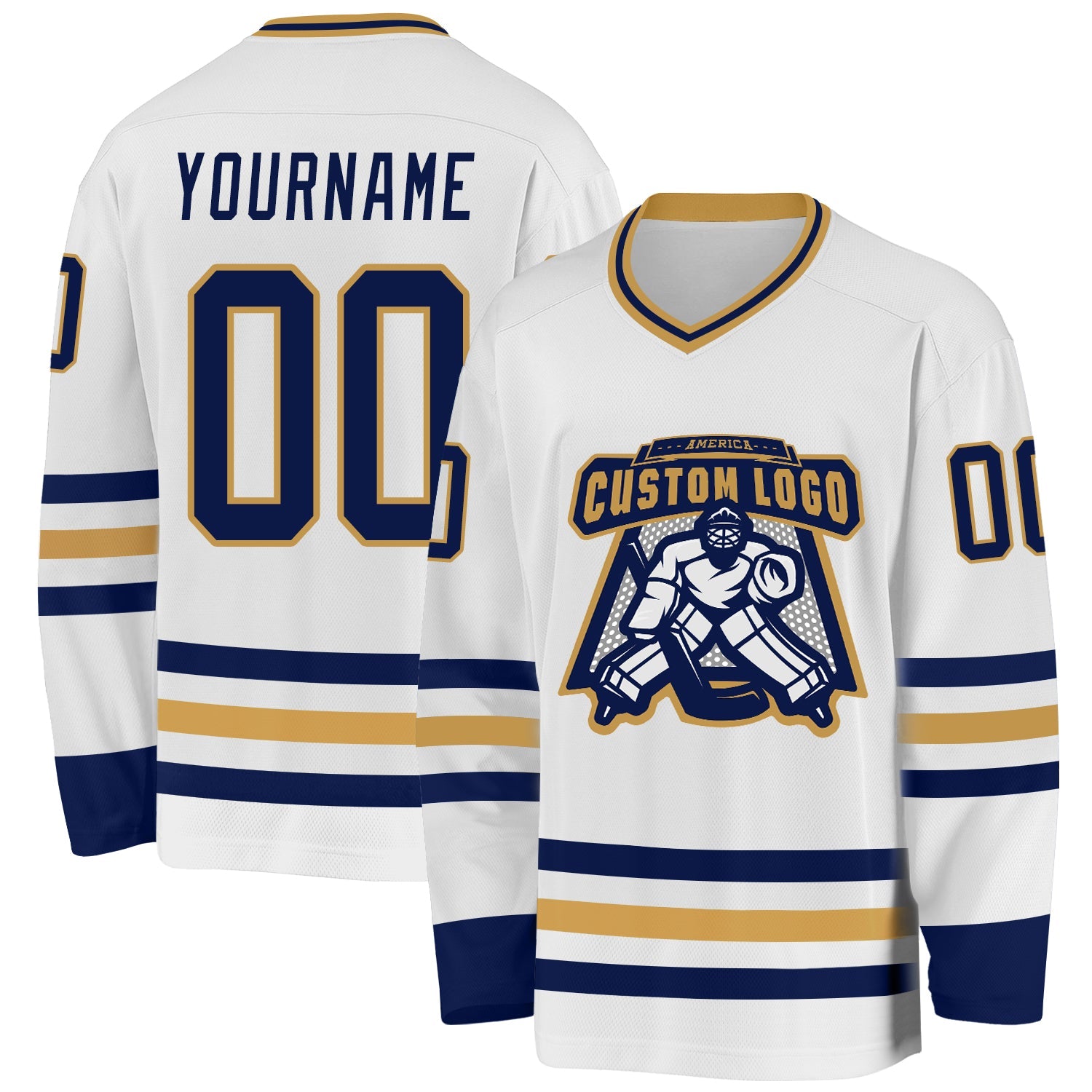 Custom White Navy-Old Gold Hockey Jersey view 2