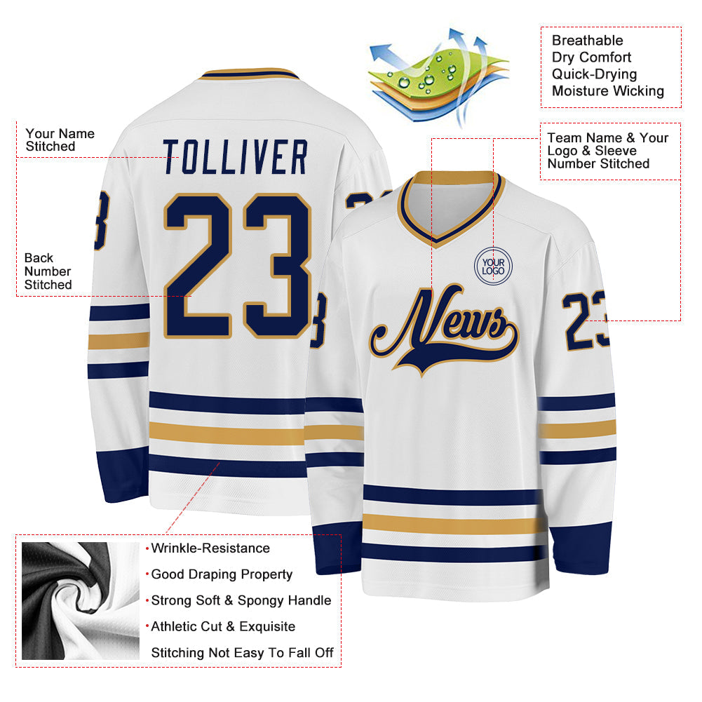 Custom White Navy-Old Gold Hockey Jersey view 3