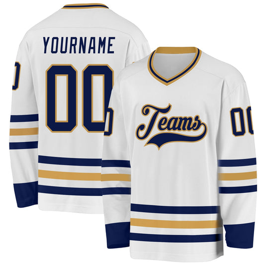 Custom White Navy-Old Gold Hockey Jersey - Main View
