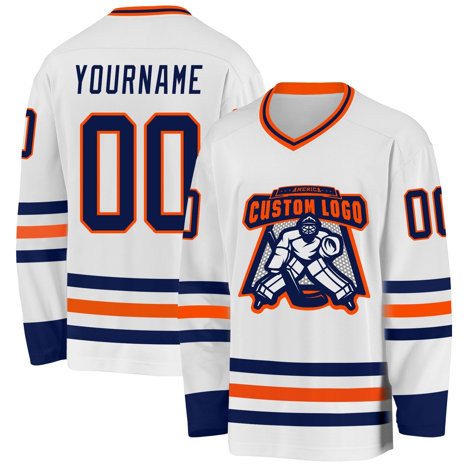 Custom White Navy-Orange Hockey Jersey view 2