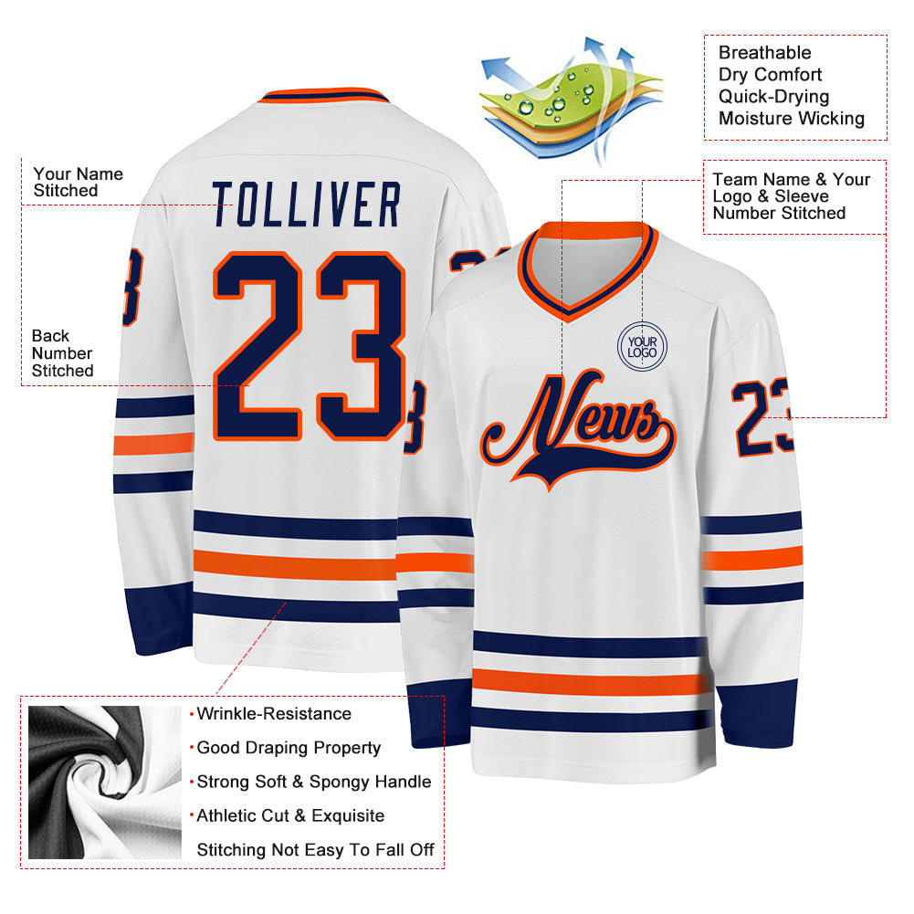 Custom White Navy-Orange Hockey Jersey view 3