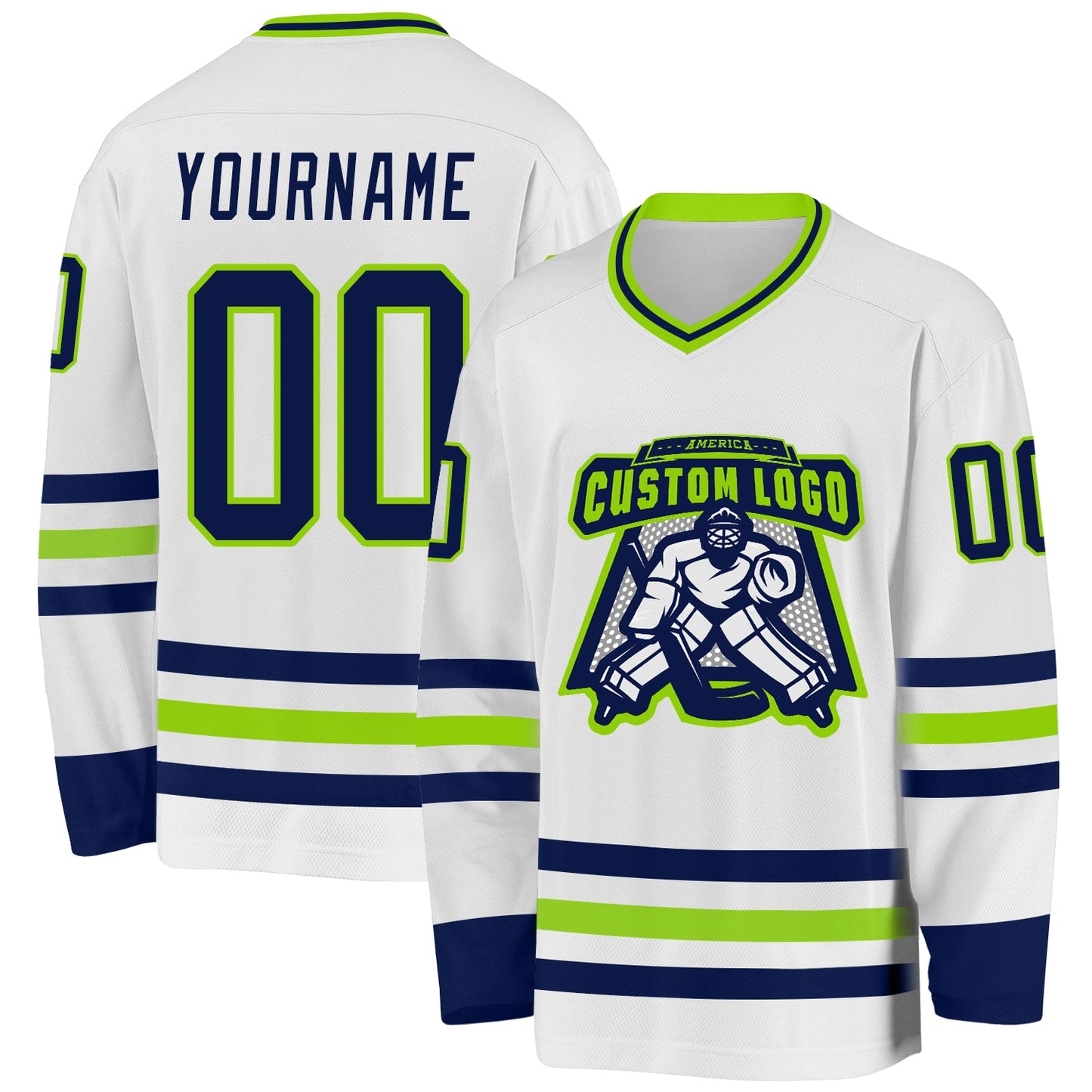 Custom White Navy-Neon Green Hockey Jersey view 2