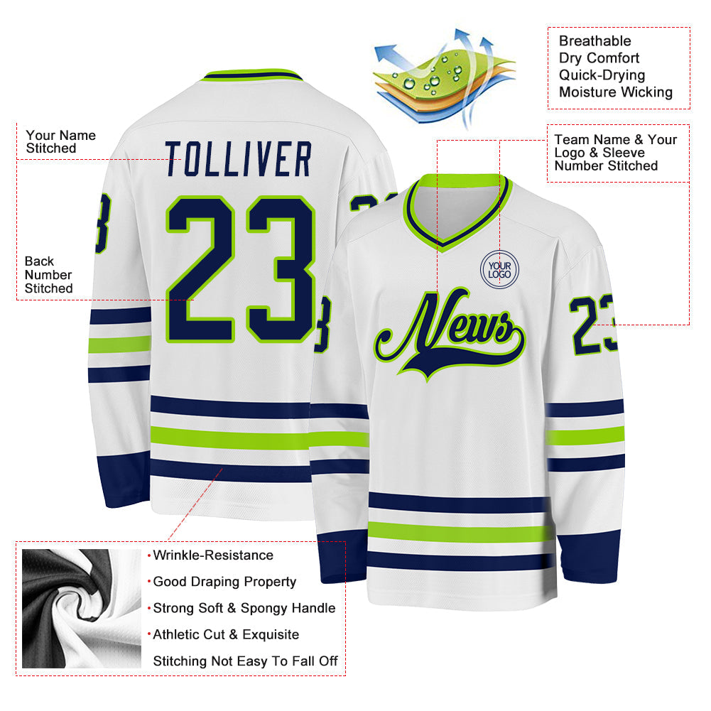 Custom White Navy-Neon Green Hockey Jersey view 3