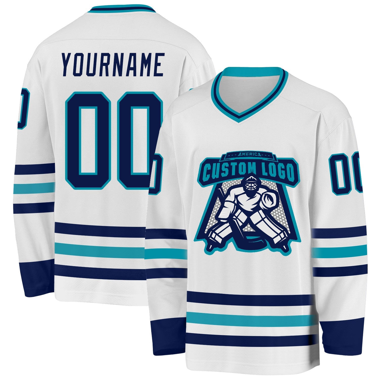 Custom White Navy-Teal Hockey Jersey view 2