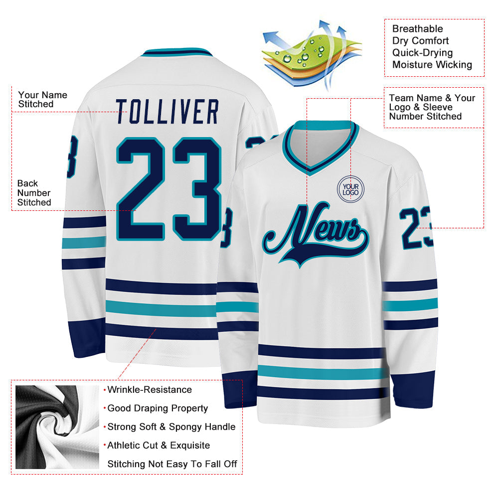 Custom White Navy-Teal Hockey Jersey view 3