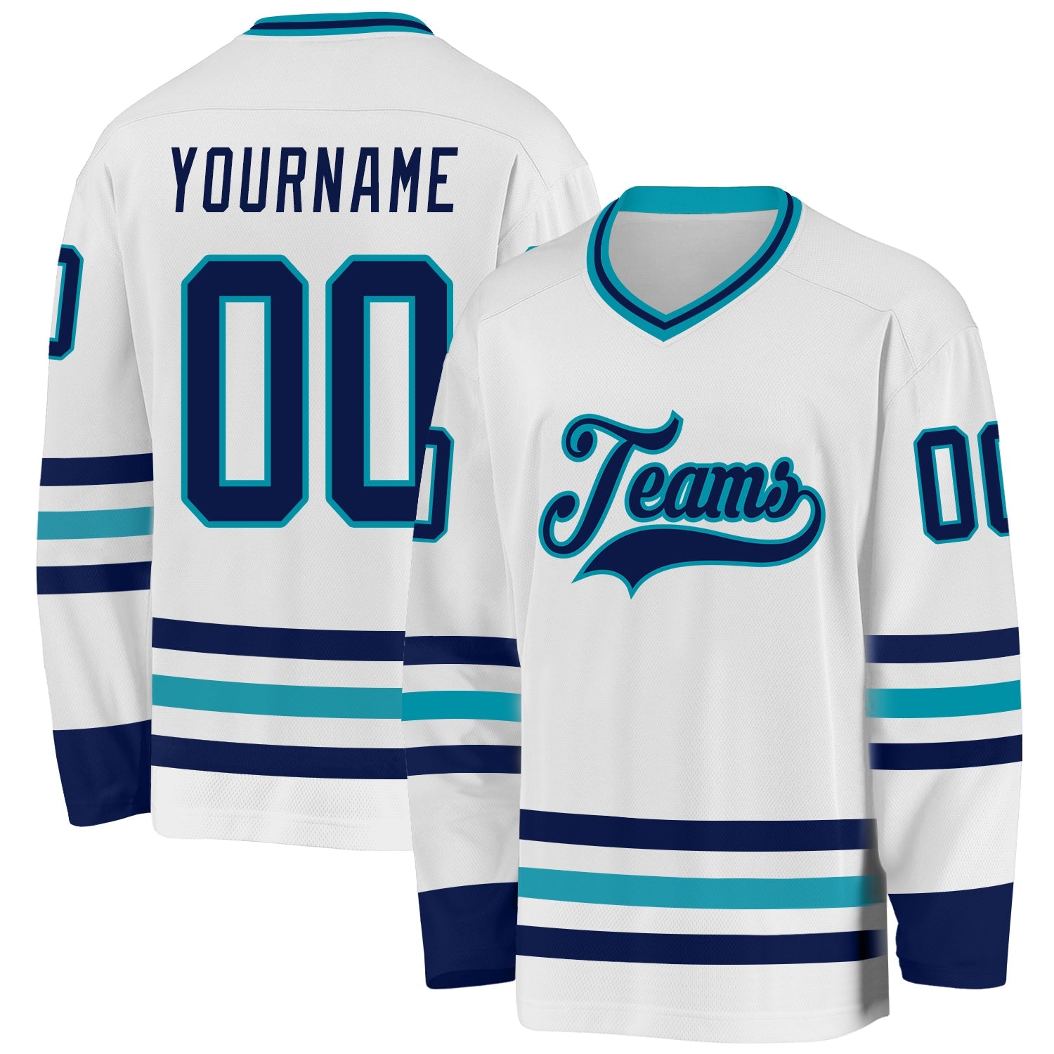 Custom White Navy-Teal Hockey Jersey - Main View