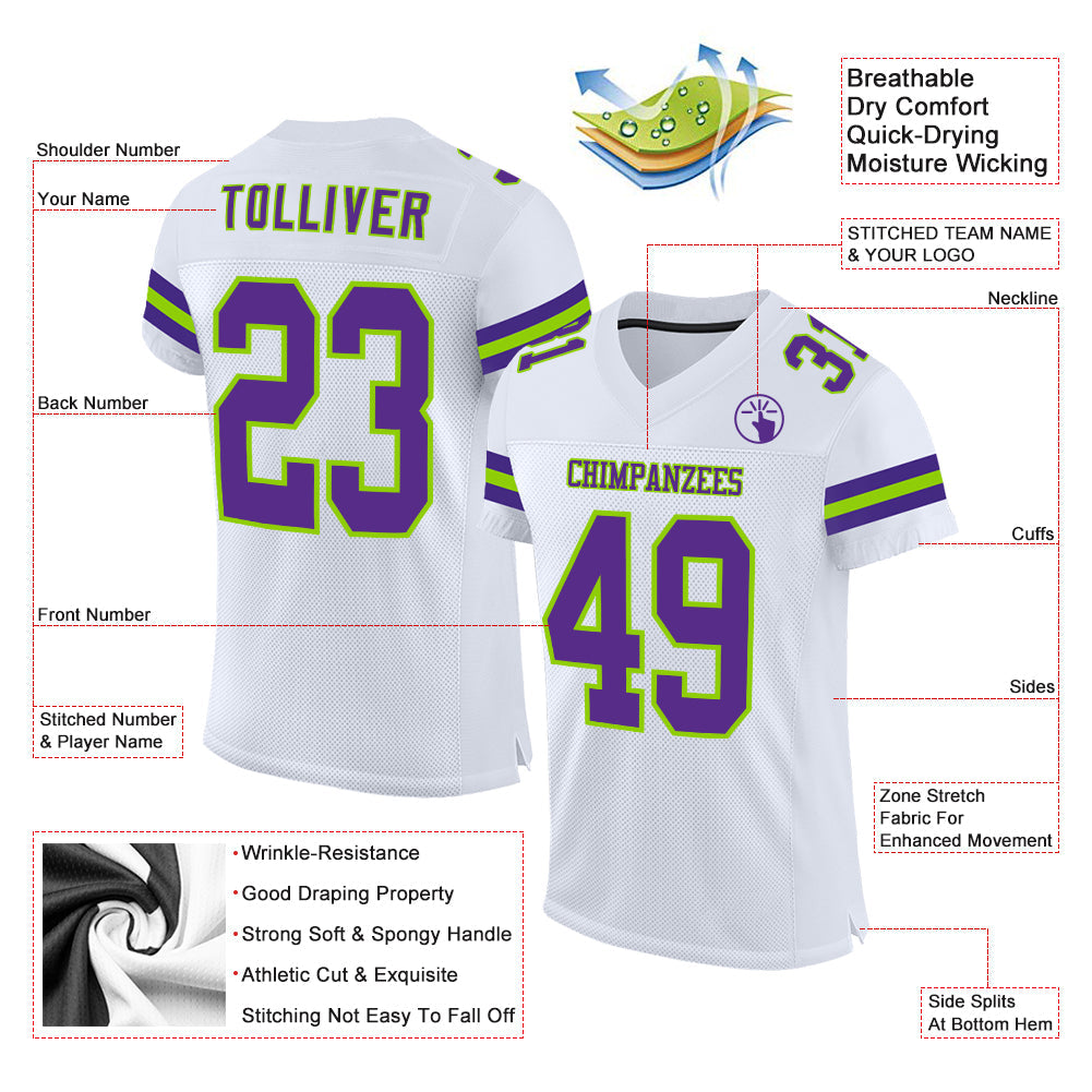 Custom White Purple-Neon Green Mesh Authentic Football Jersey view 2