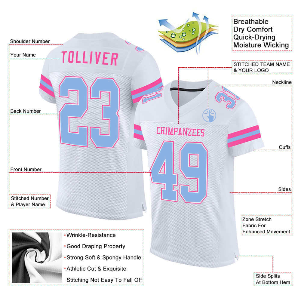 Custom White Light Blue-Pink Mesh Authentic Football Jersey view 2