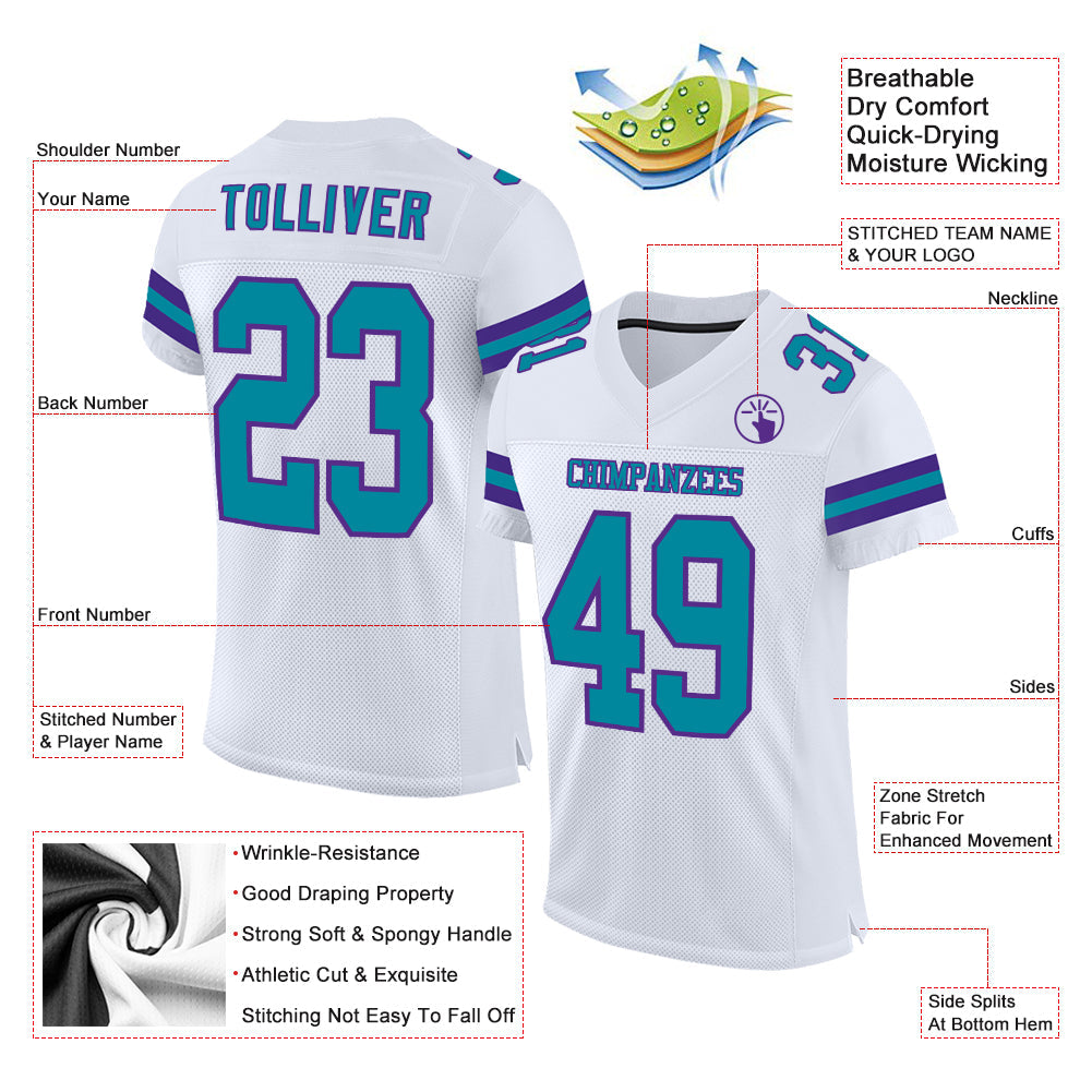 Custom White Teal-Purple Mesh Authentic Football Jersey view 2