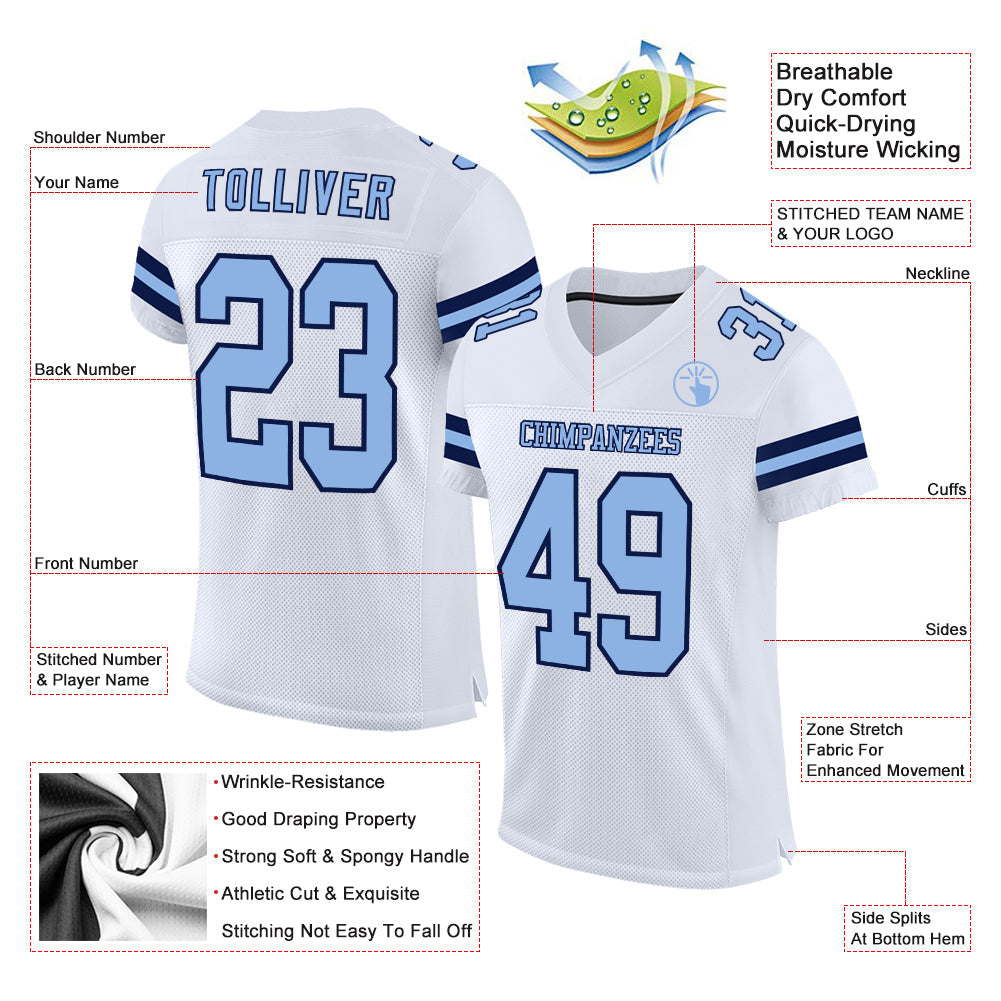 Custom White Light Blue-Navy Mesh Authentic Football Jersey view 2