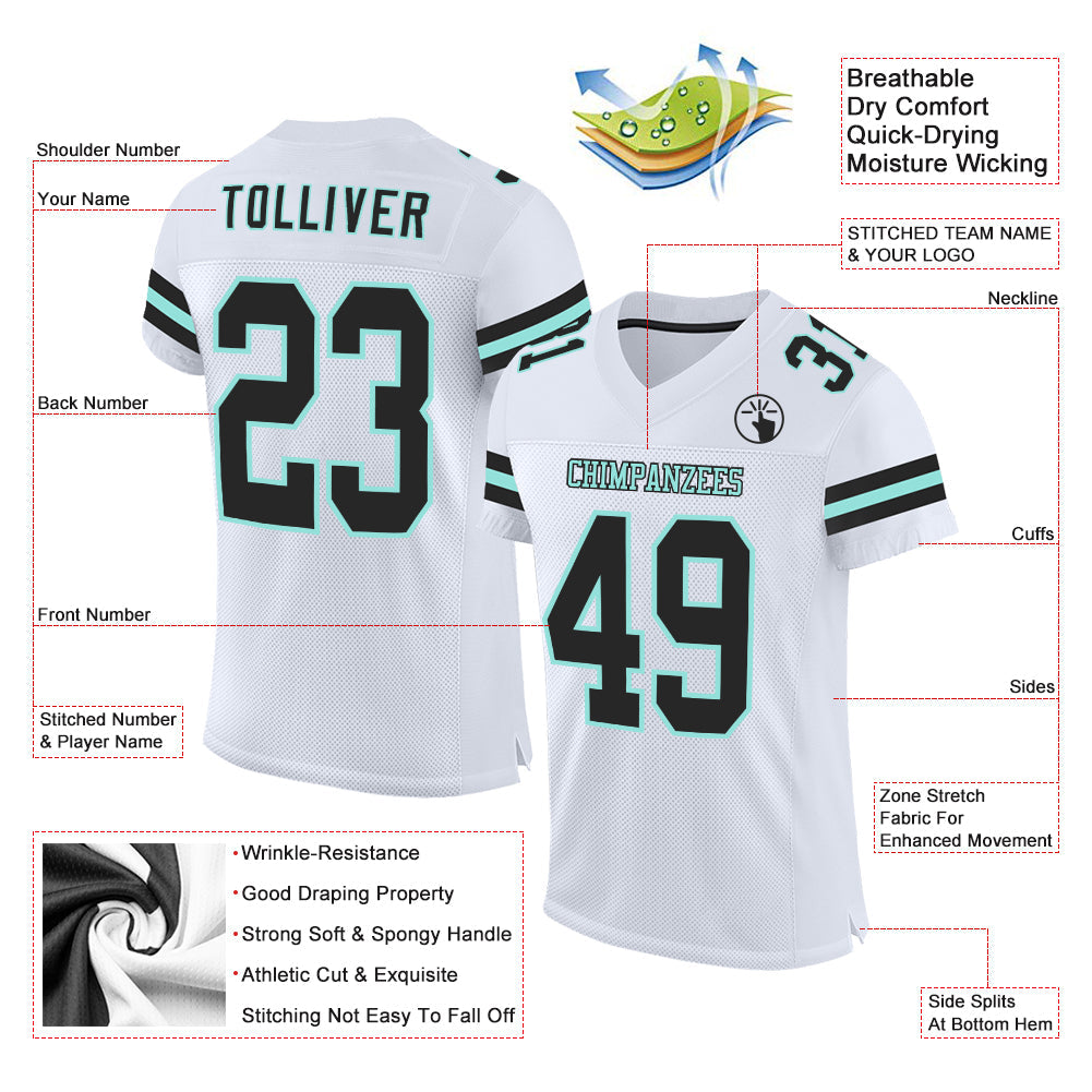 Custom White Black-Ice Blue Mesh Authentic Football Jersey view 2
