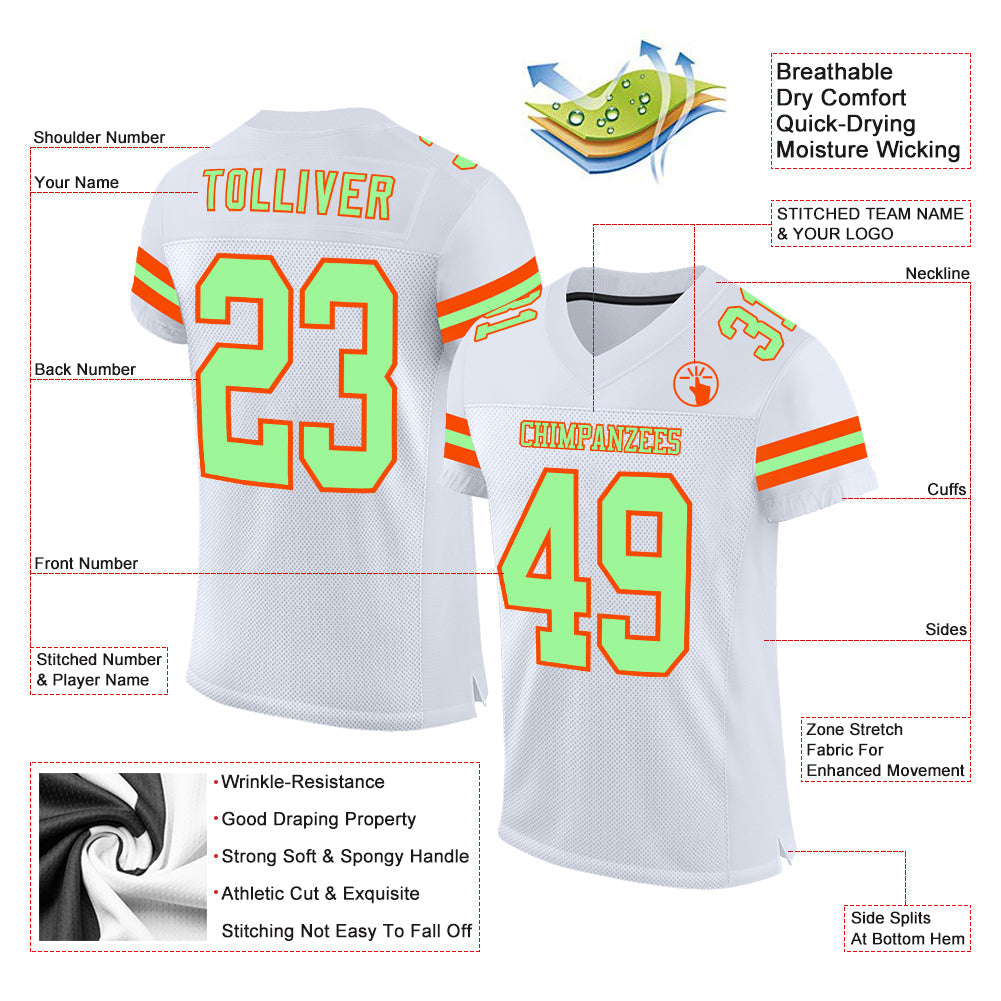 Custom White Pea Green-Orange Mesh Authentic Football Jersey view 2