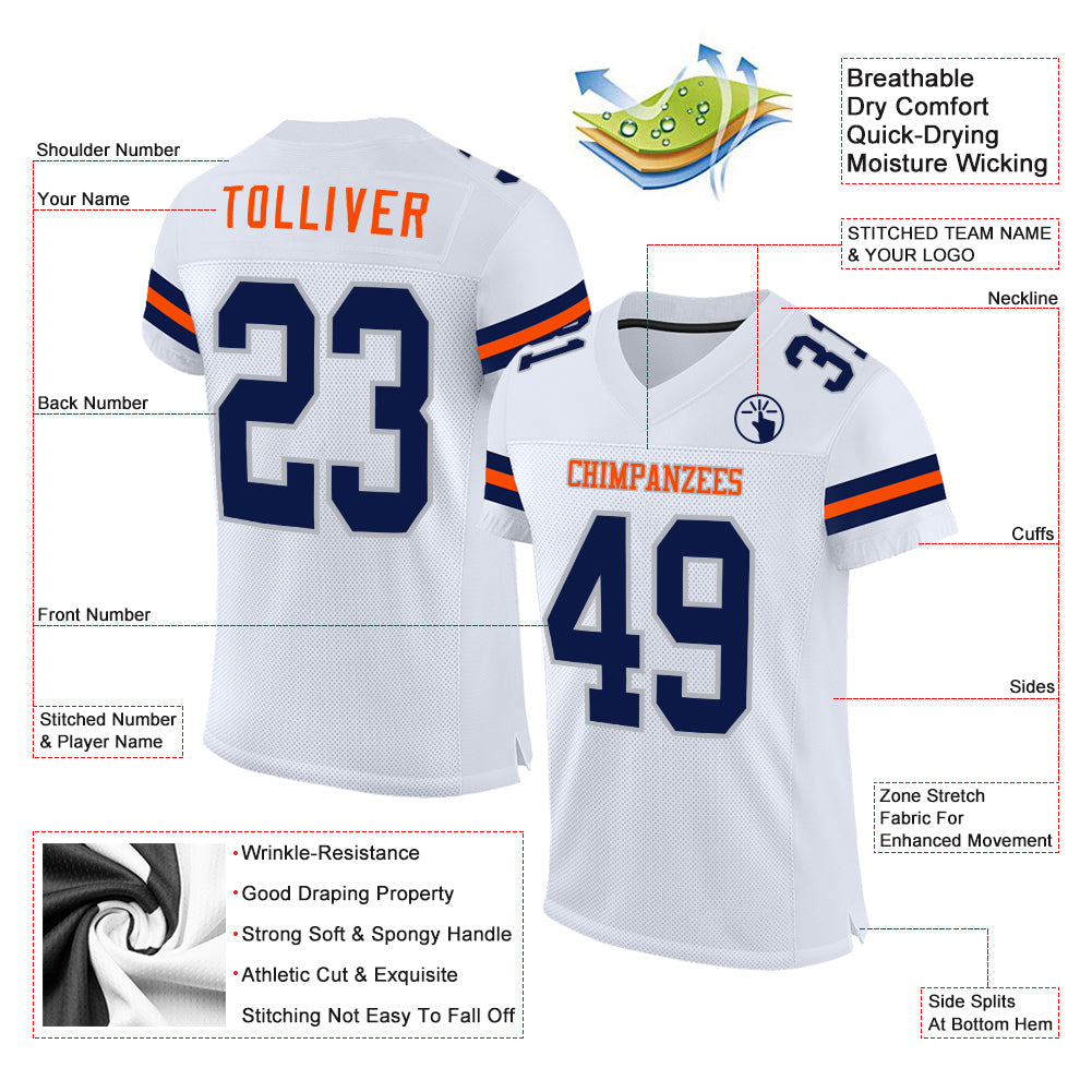 Custom White Navy Gray-Orange Mesh Authentic Football Jersey view 2