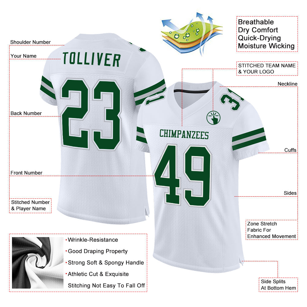 Custom White Green-Gray Mesh Authentic Football Jersey view 2