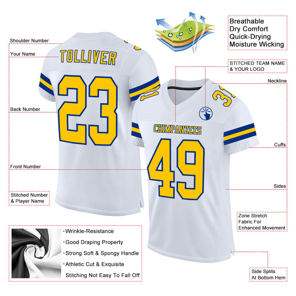 Custom White Yellow-Royal Mesh Authentic Football Jersey view 2