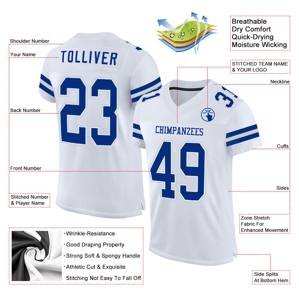 Custom White Royal-Silver Mesh Authentic Football Jersey view 2