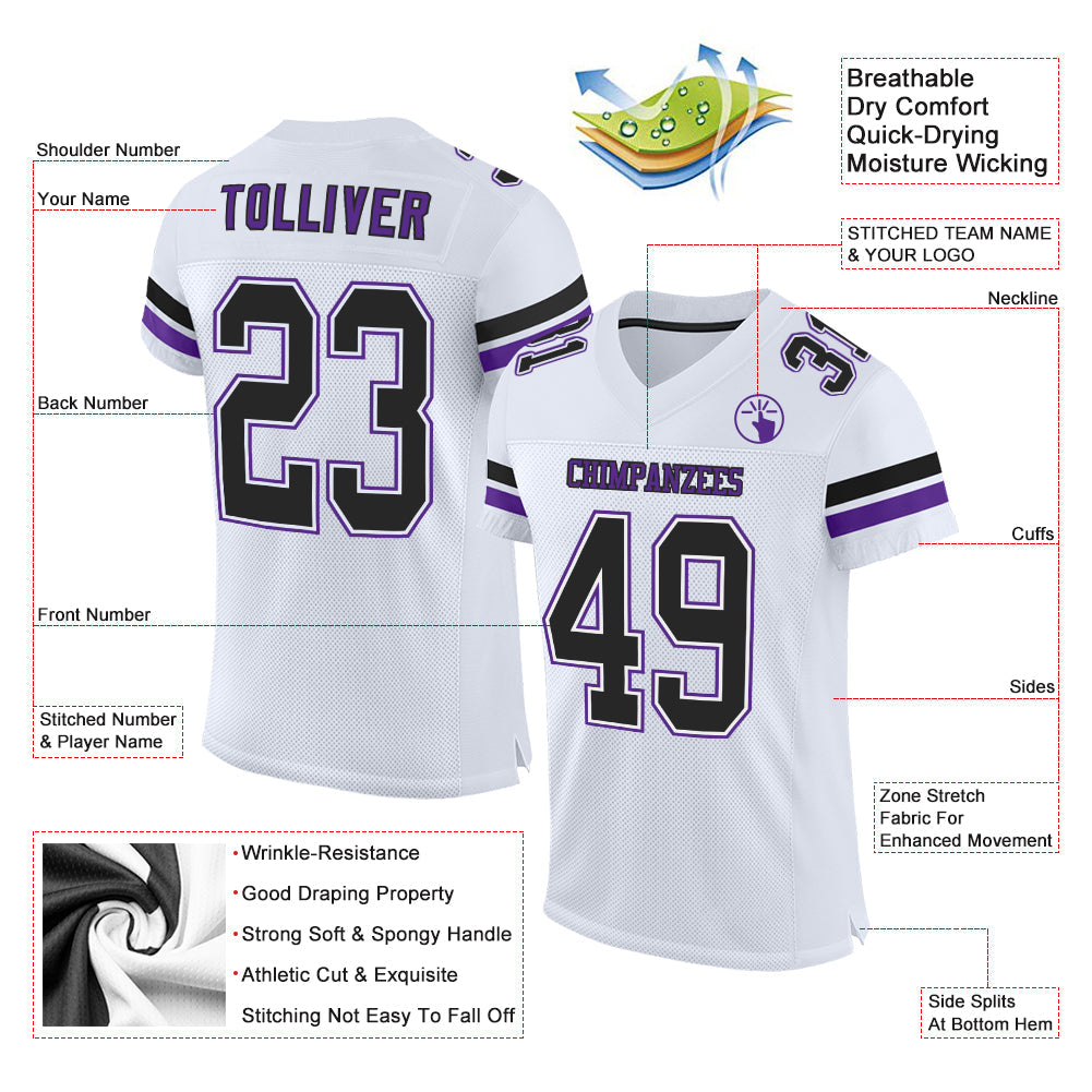 Custom White Black-Purple Mesh Authentic Football Jersey view 2