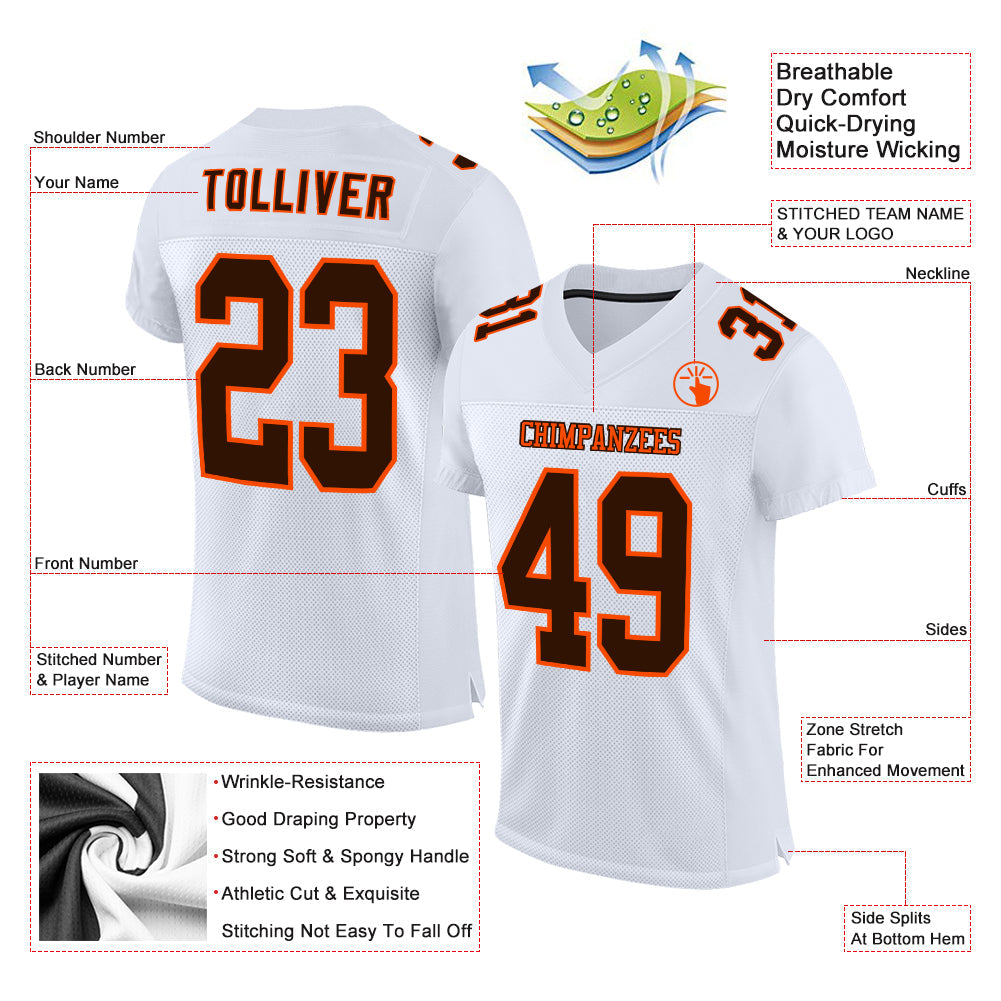 Custom White Brown-Orange Mesh Authentic Football Jersey view 2