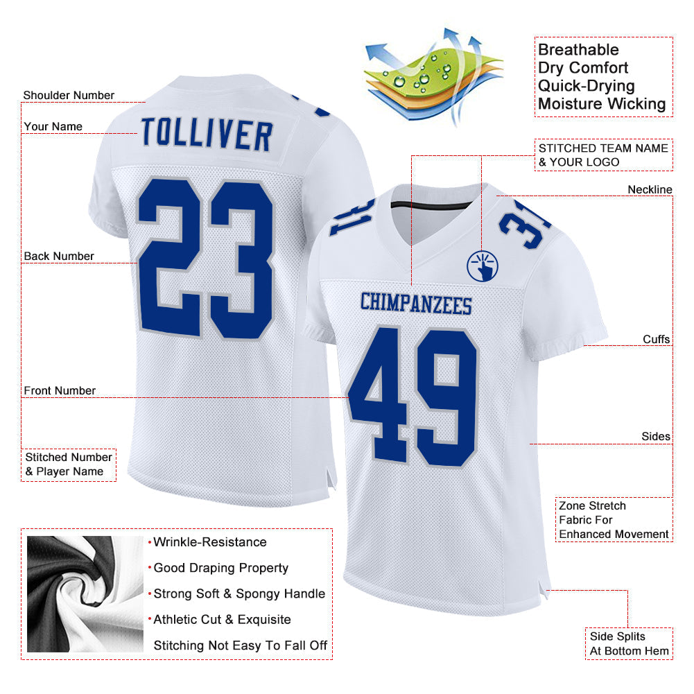 Custom White Royal-Gray Mesh Authentic Football Jersey view 2