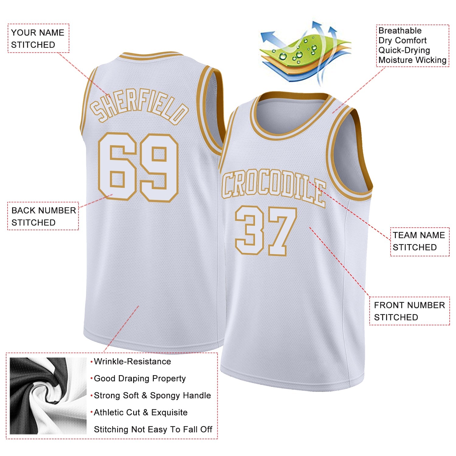 Custom White Old Gold Authentic Basketball Jersey view 2