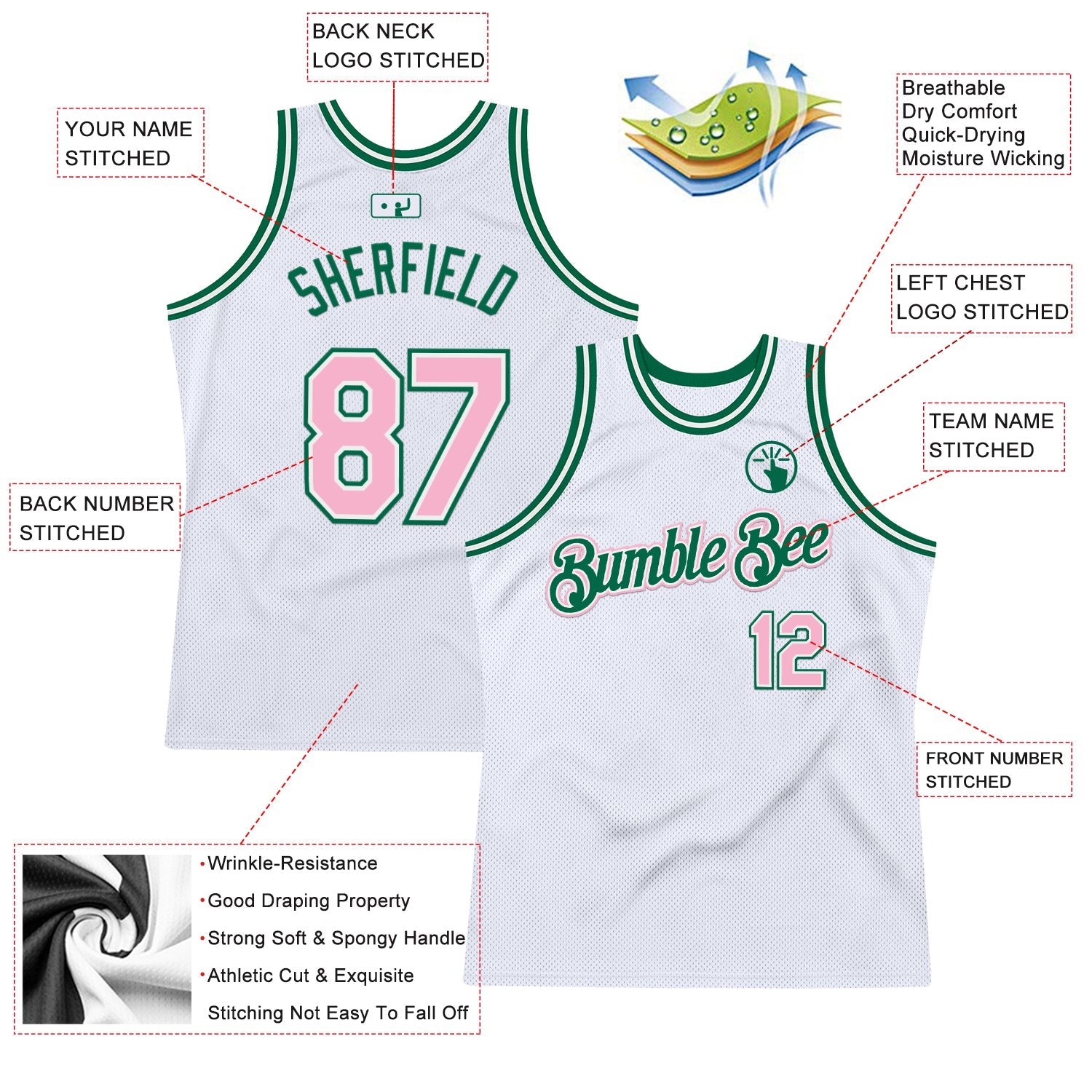 Custom White Light Pink-Kelly Green Authentic Throwback Basketball Jersey view 2