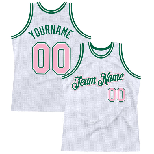 Custom White Light Pink-Kelly Green Authentic Throwback Basketball Jersey - Main View