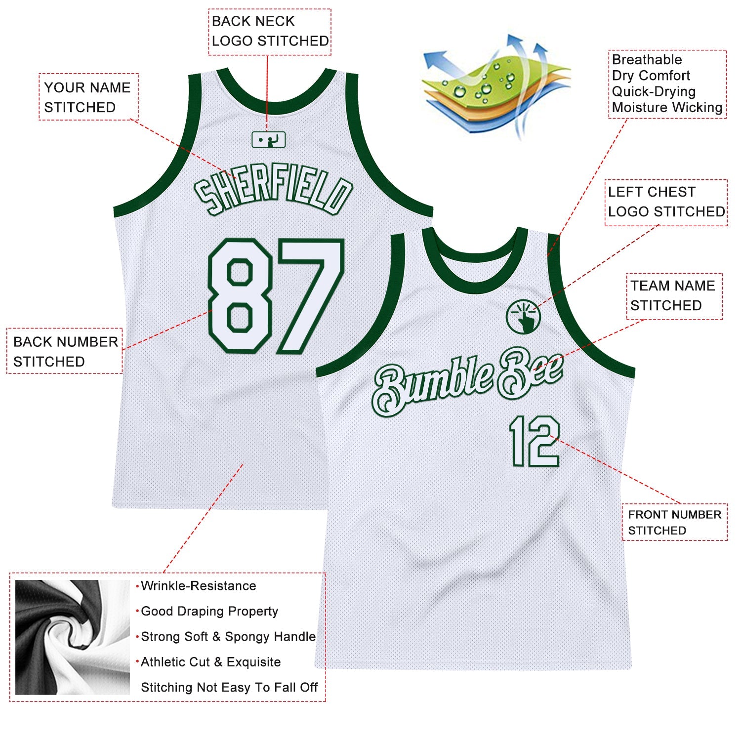 Custom White Green Authentic Throwback Basketball Jersey view 2