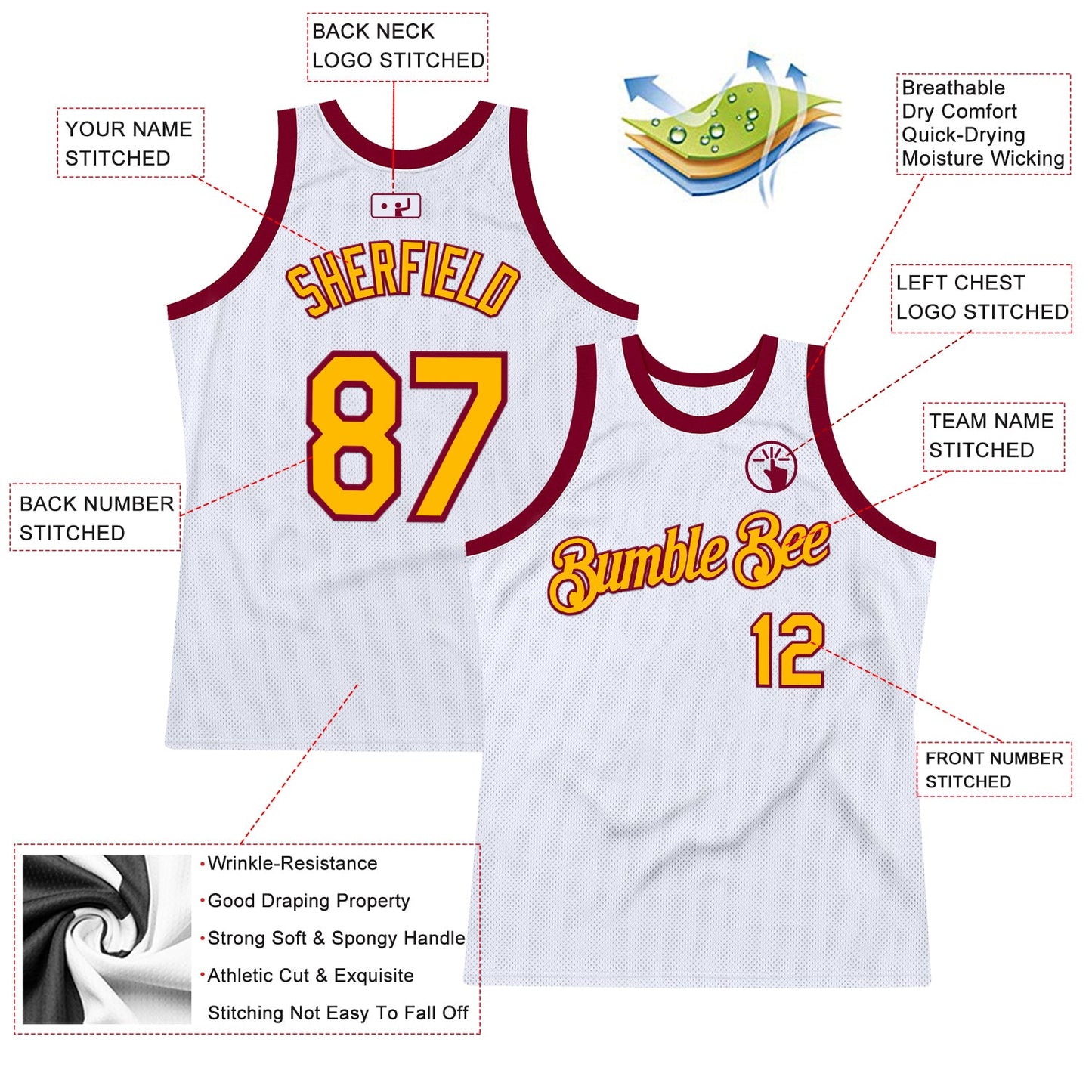 Custom White Gold-Maroon Authentic Throwback Basketball Jersey view 2