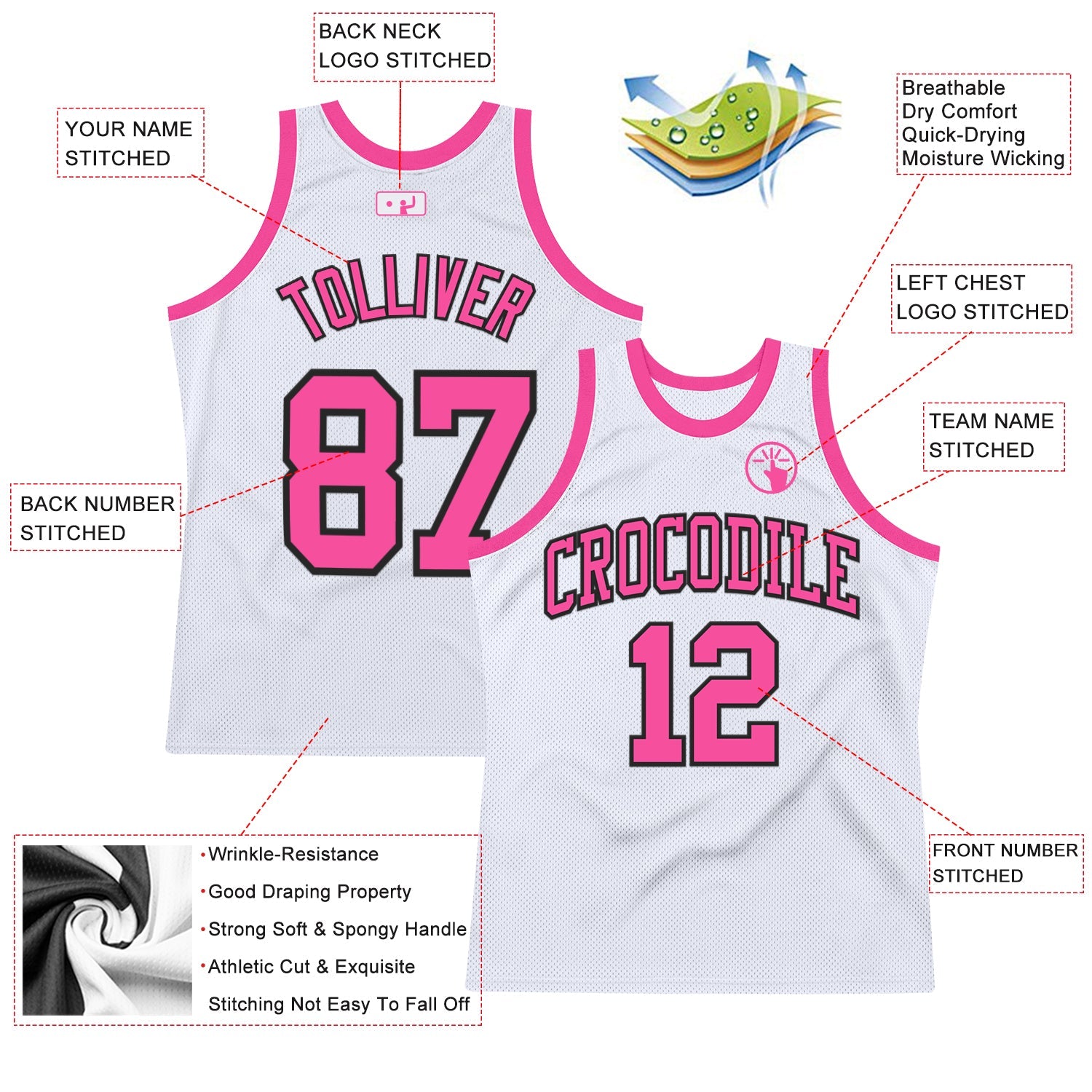 Custom White Pink-Black Authentic Throwback Basketball Jersey view 2