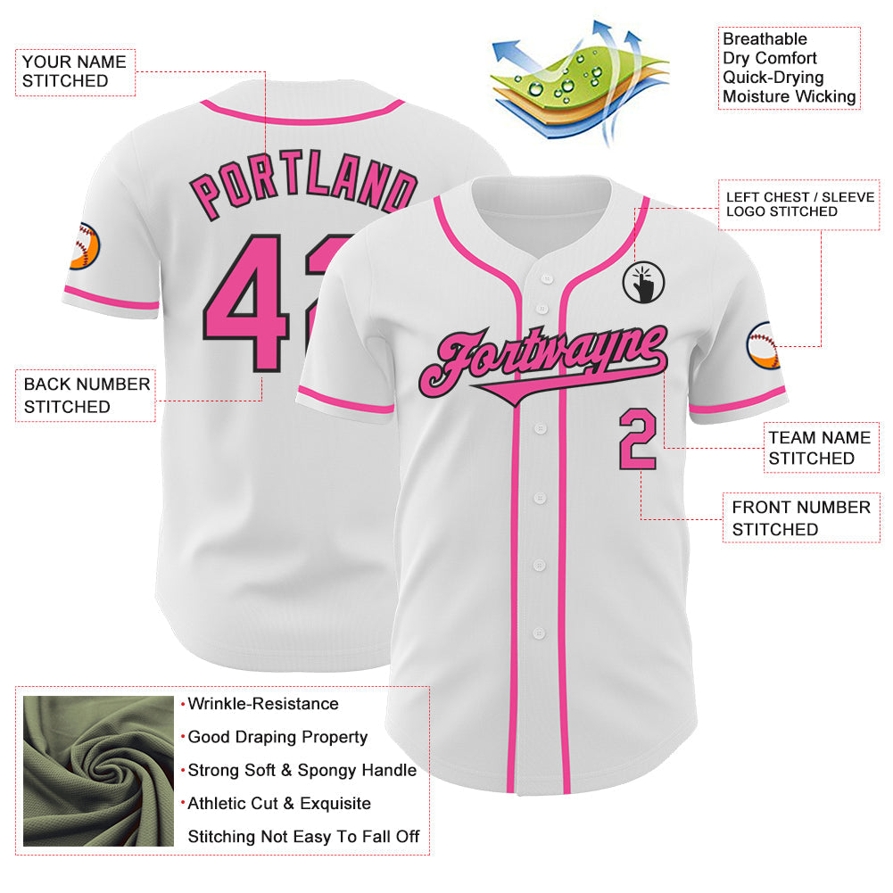 Custom White Pink-Black Authentic Baseball Jersey view 3