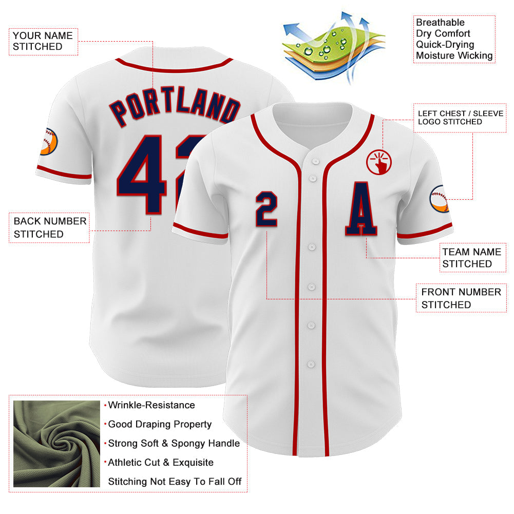 Custom White Navy-Red Authentic Baseball Jersey view 2