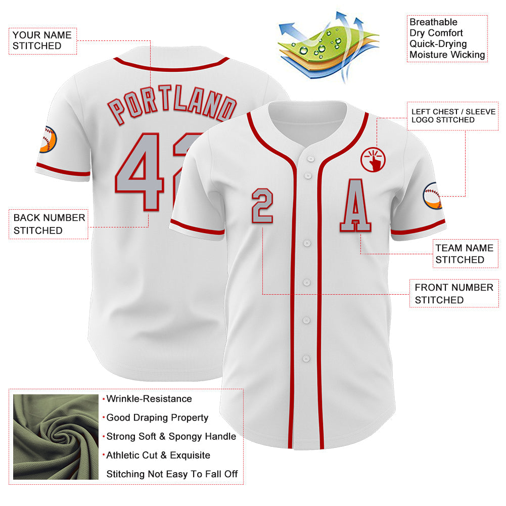 Custom White Gray-Red Authentic Baseball Jersey view 2