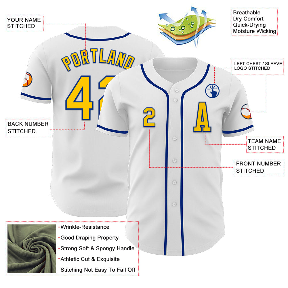 Custom White Yellow-Royal Authentic Baseball Jersey view 2