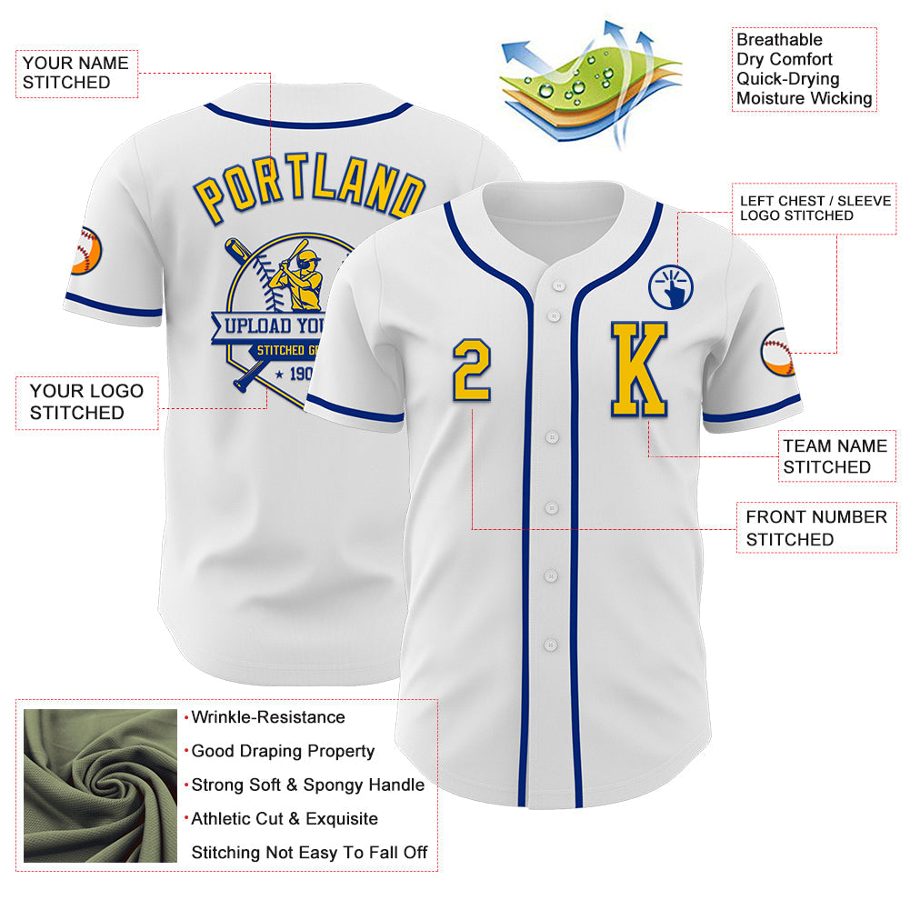 Custom White Yellow-Royal Authentic Baseball Jersey view 6