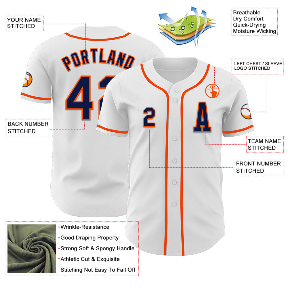 Custom White Navy-Orange Authentic Baseball Jersey view 2