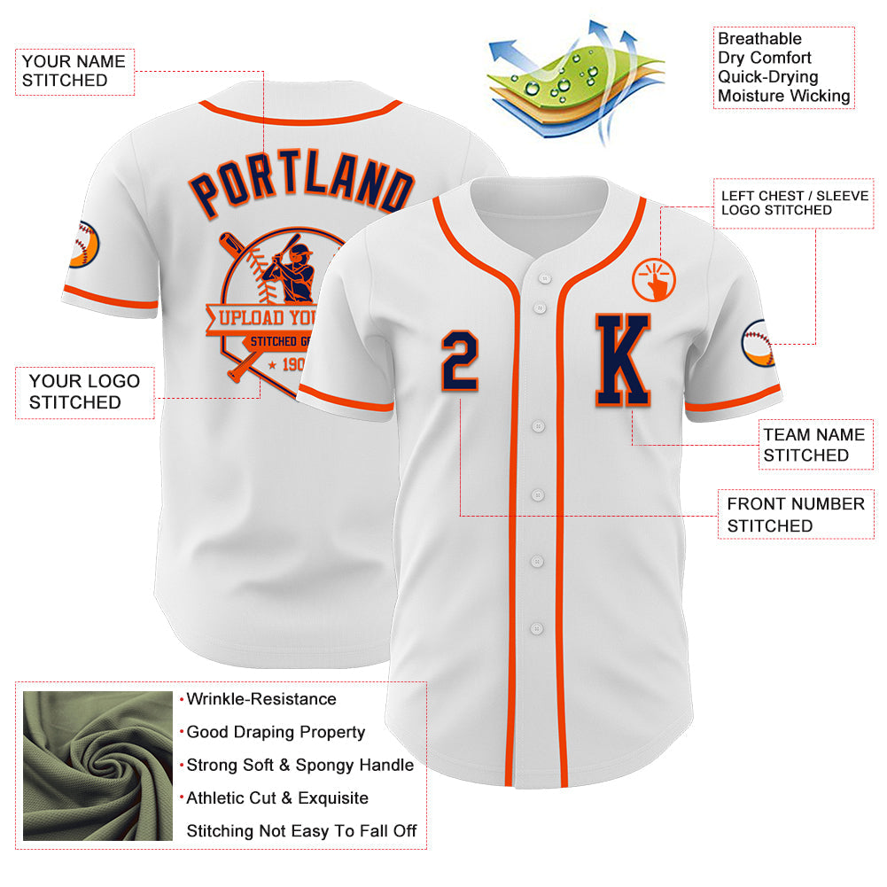 Custom White Navy-Orange Authentic Baseball Jersey view 6
