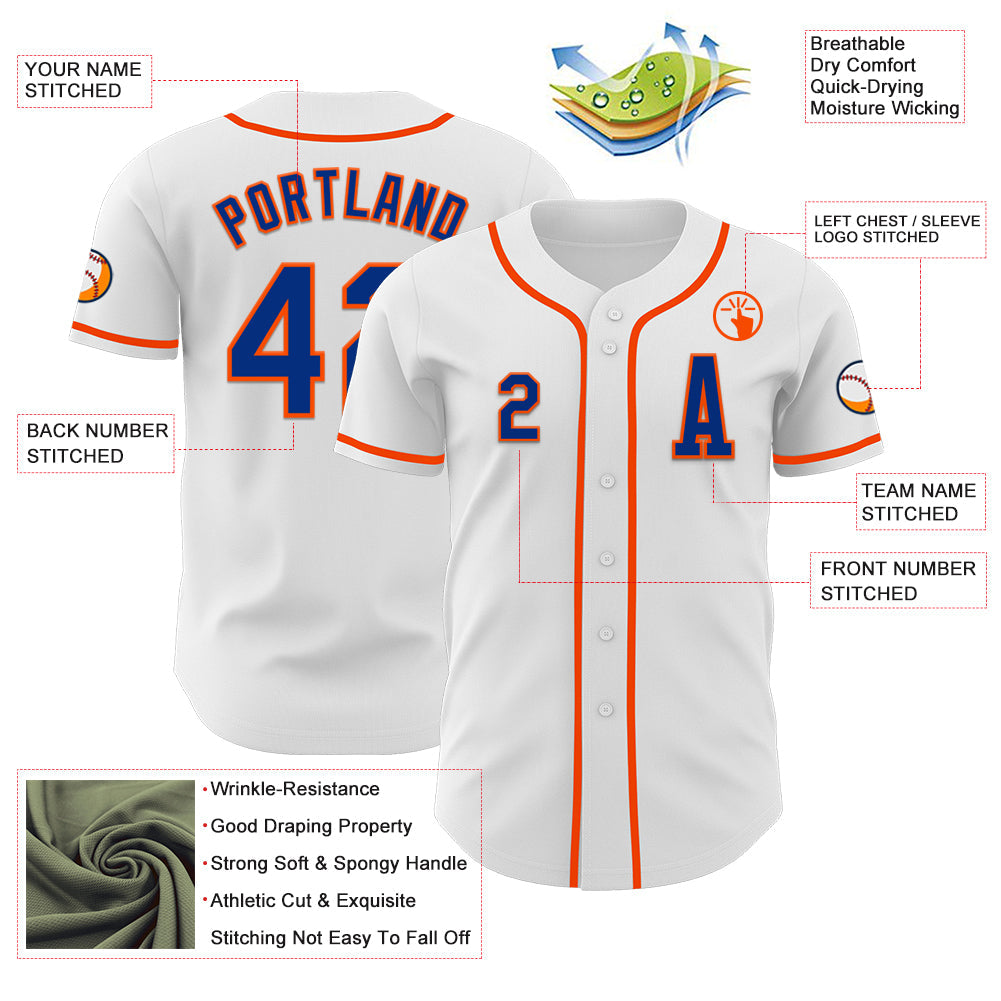 Custom White Royal-Orange Authentic Baseball Jersey view 2