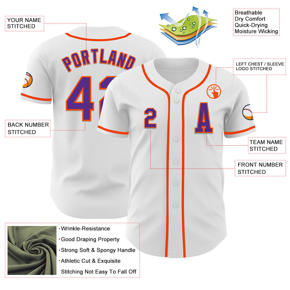 Custom White Purple-Orange Authentic Baseball Jersey view 2