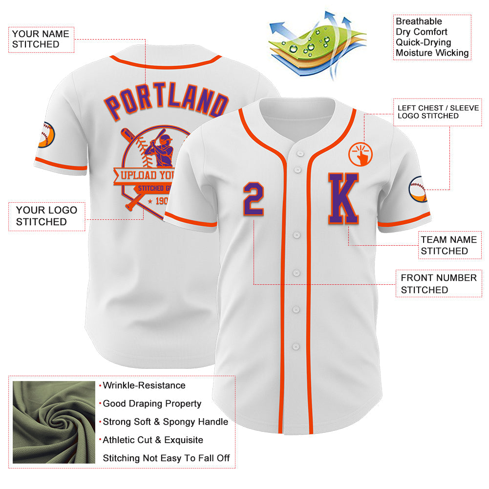 Custom White Purple-Orange Authentic Baseball Jersey view 6