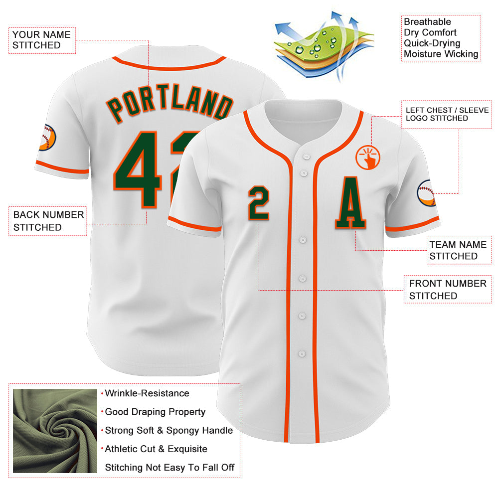 Custom White Green-Orange Authentic Baseball Jersey view 2
