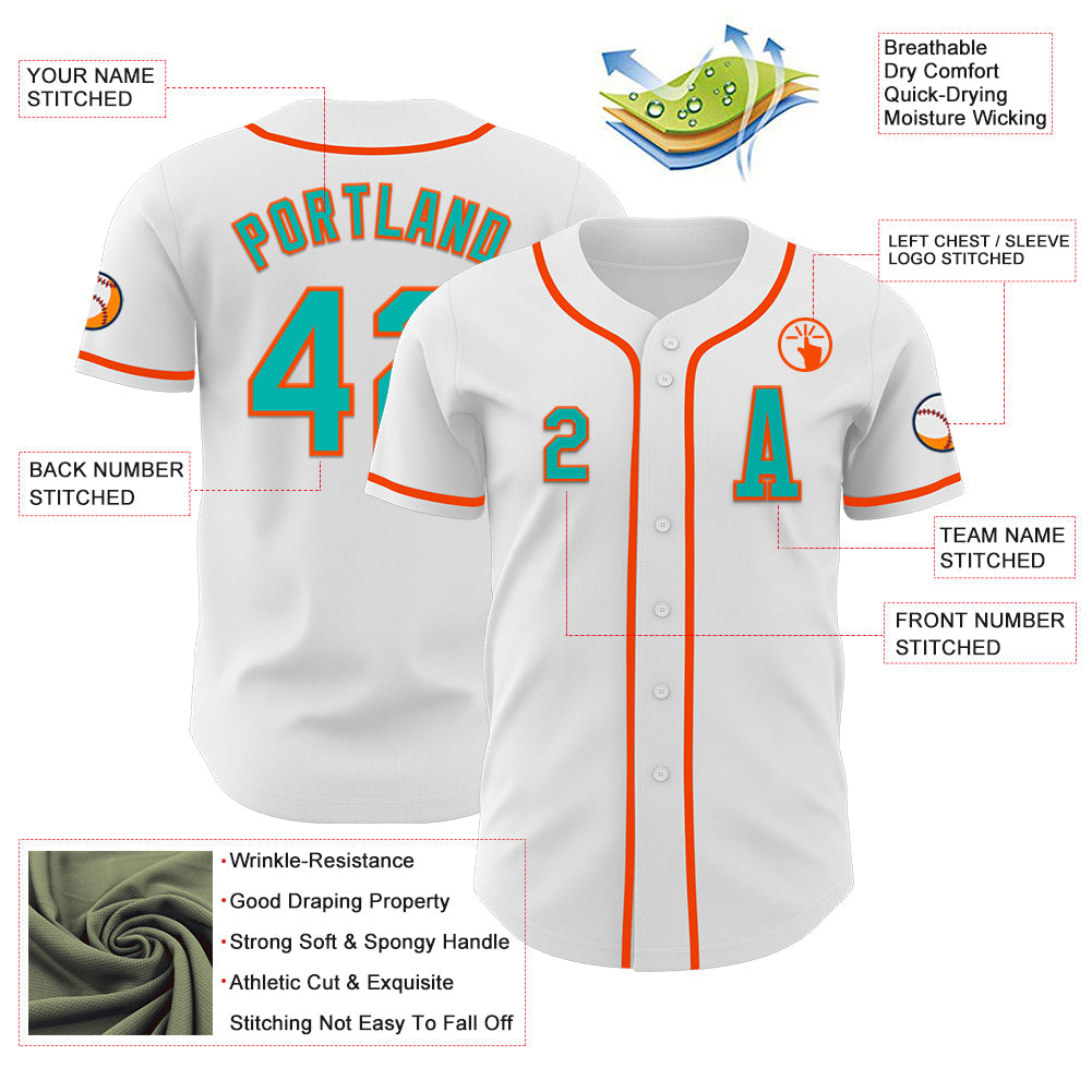 Custom White Aqua-Orange Authentic Baseball Jersey view 2